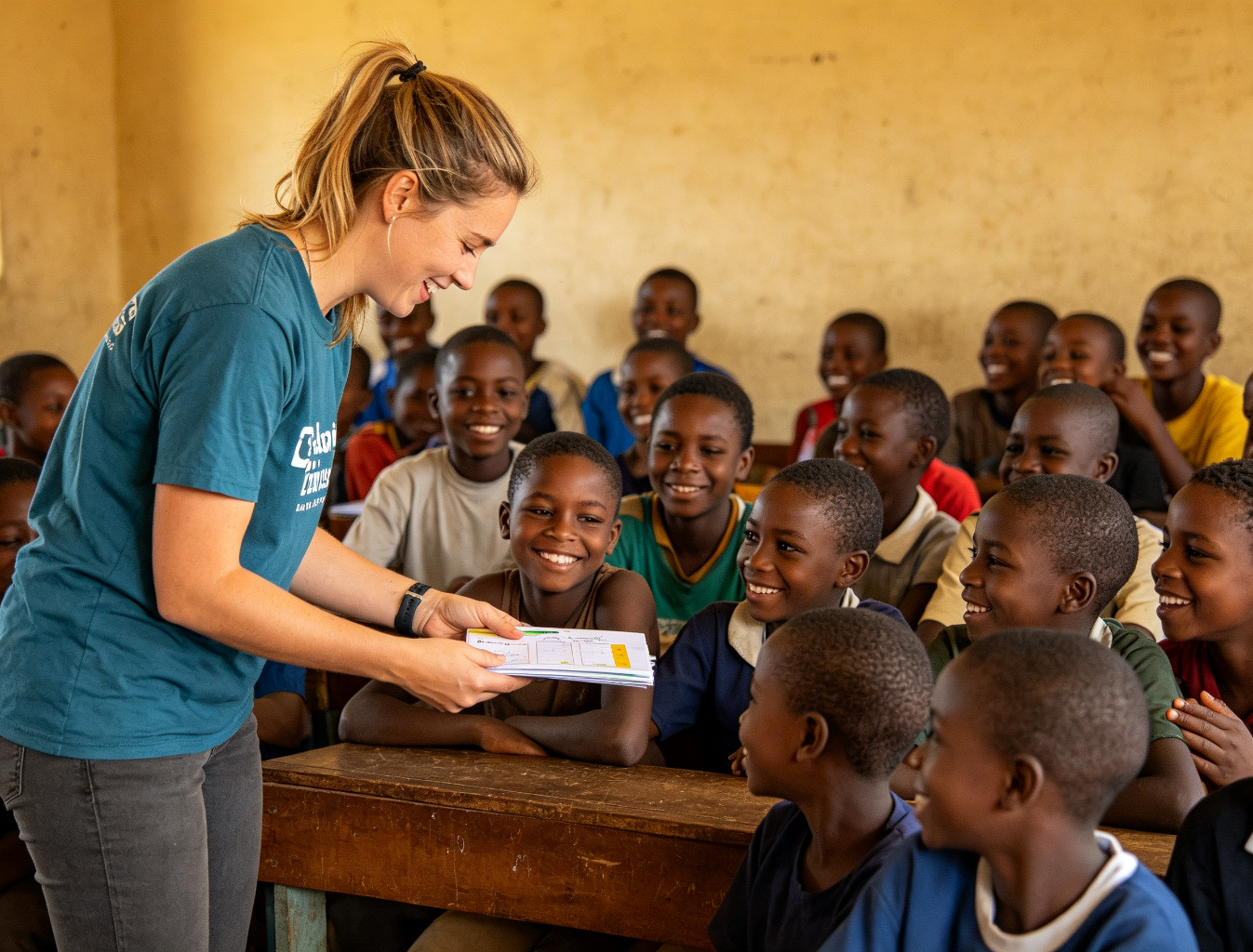 VULPRF volunteers distributing school supplies to children.